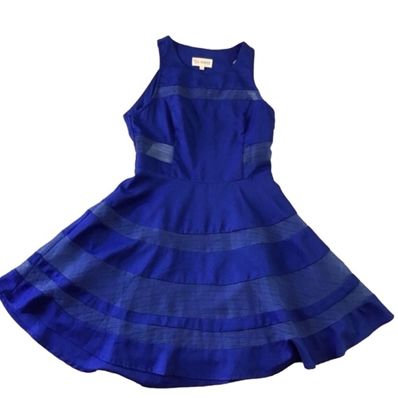 L’atiste by Amy cerulean blue dress fit&flare open back sleeveless sheer medium - Picture 2 of 15